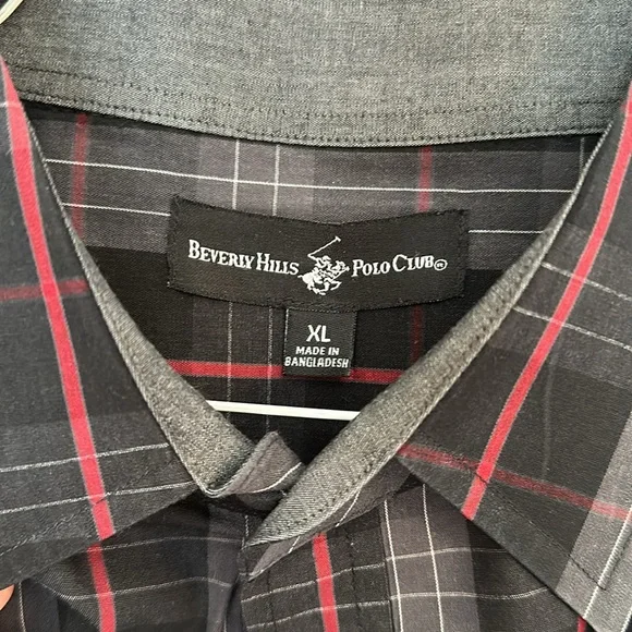 Beverly Hills Polo Club Black / Red / Grey Plaid Button Down Shirt XL - Picture 3 of 3